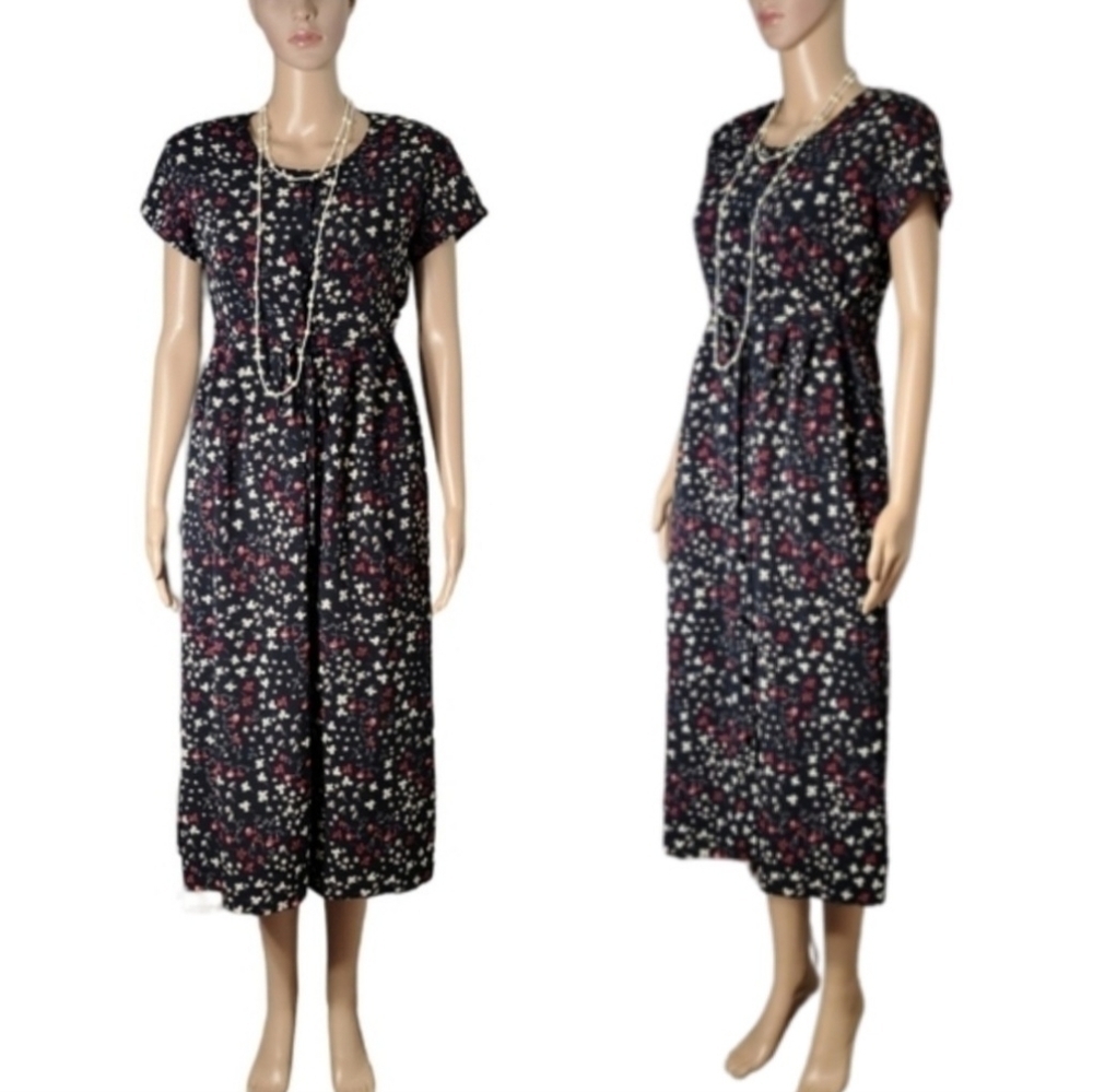 VINTAGE 80s Northern Reflection Ditsy Floral Print Short Sleeve Midi Shirt Dress